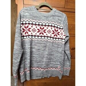 Vintage Canada Weather Gear Sweater Size L Gray Red Snowflake Fair Isle Ski
